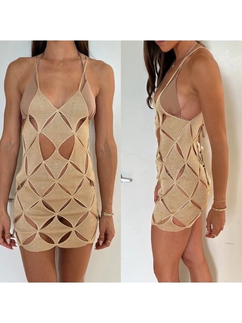 Isa Boulder First Argyle Mini Dress Coverup Champagne Illusion NWT S Resortwear - Picture 4 of 14